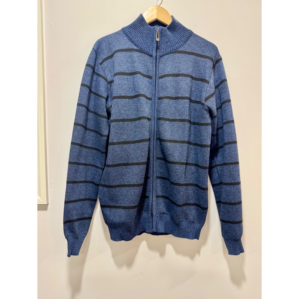 True Rock Mens Full Zip Sweater Blue Black Striped Mock Neck Size L